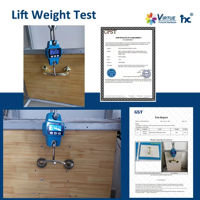 Coffin handle under load on the lift weight test rig at the Virtue Hardware Co., Ltd factory, with the recorded test report
